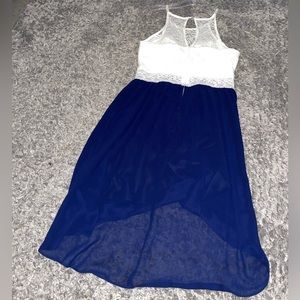 Navy/white lace mini dress (high-low skirt)